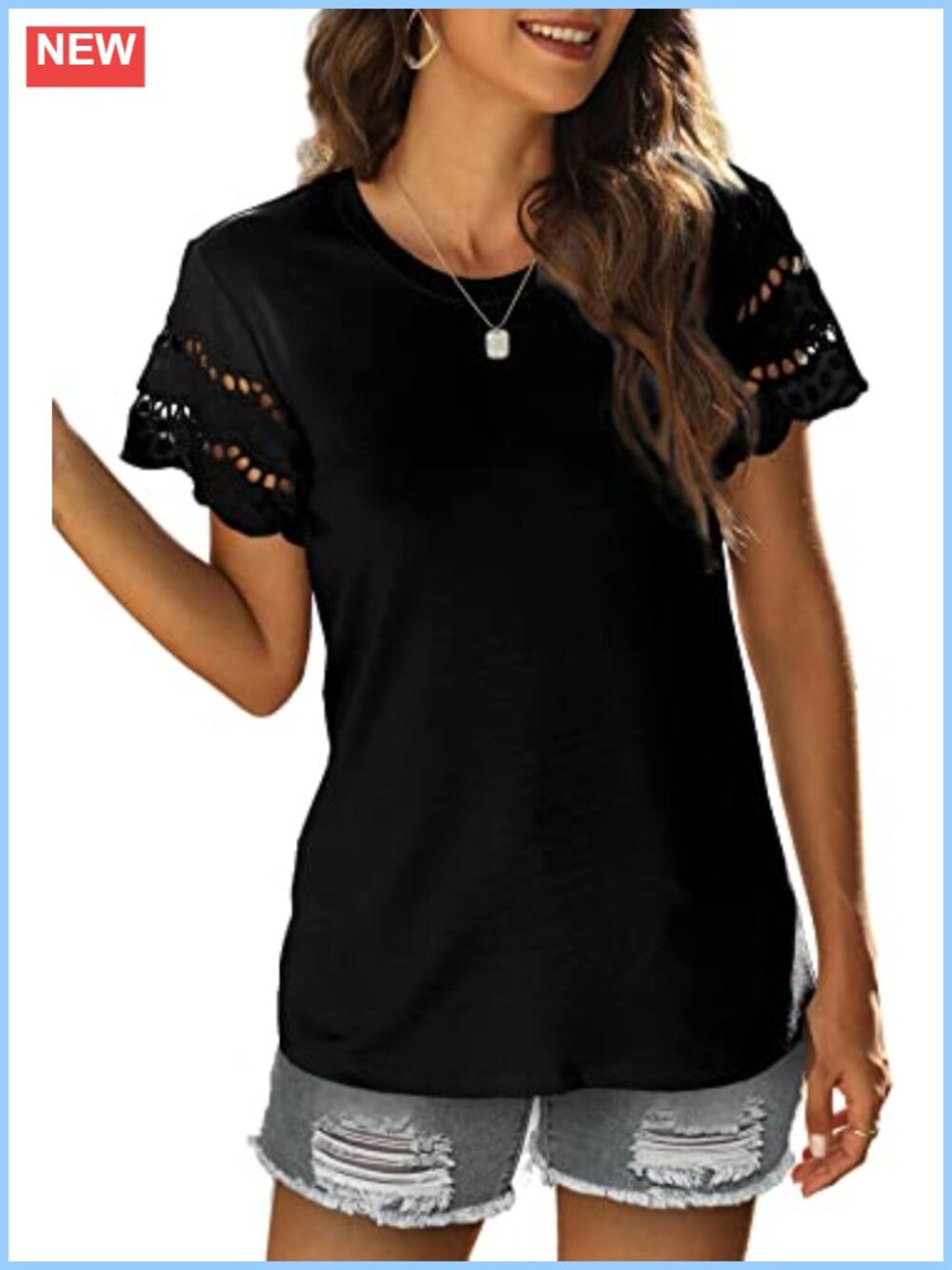 Womens Lace Short Sleeve T-Shirt Dressy Casual Loose Fit Summer Top